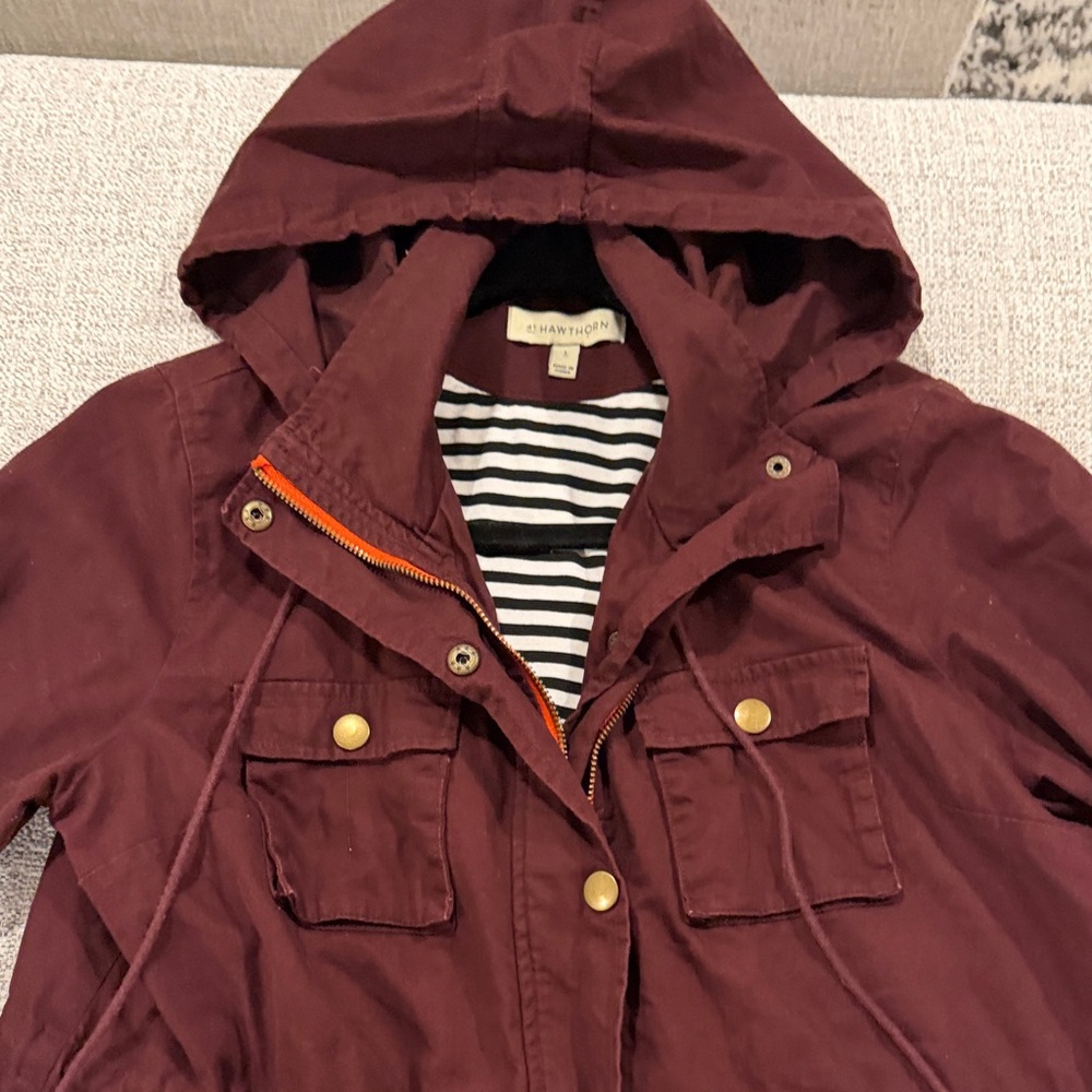 41 Hawthorn Hooded Utility Jacket in Burgundy with Striped Lining - Picture 3 of 5